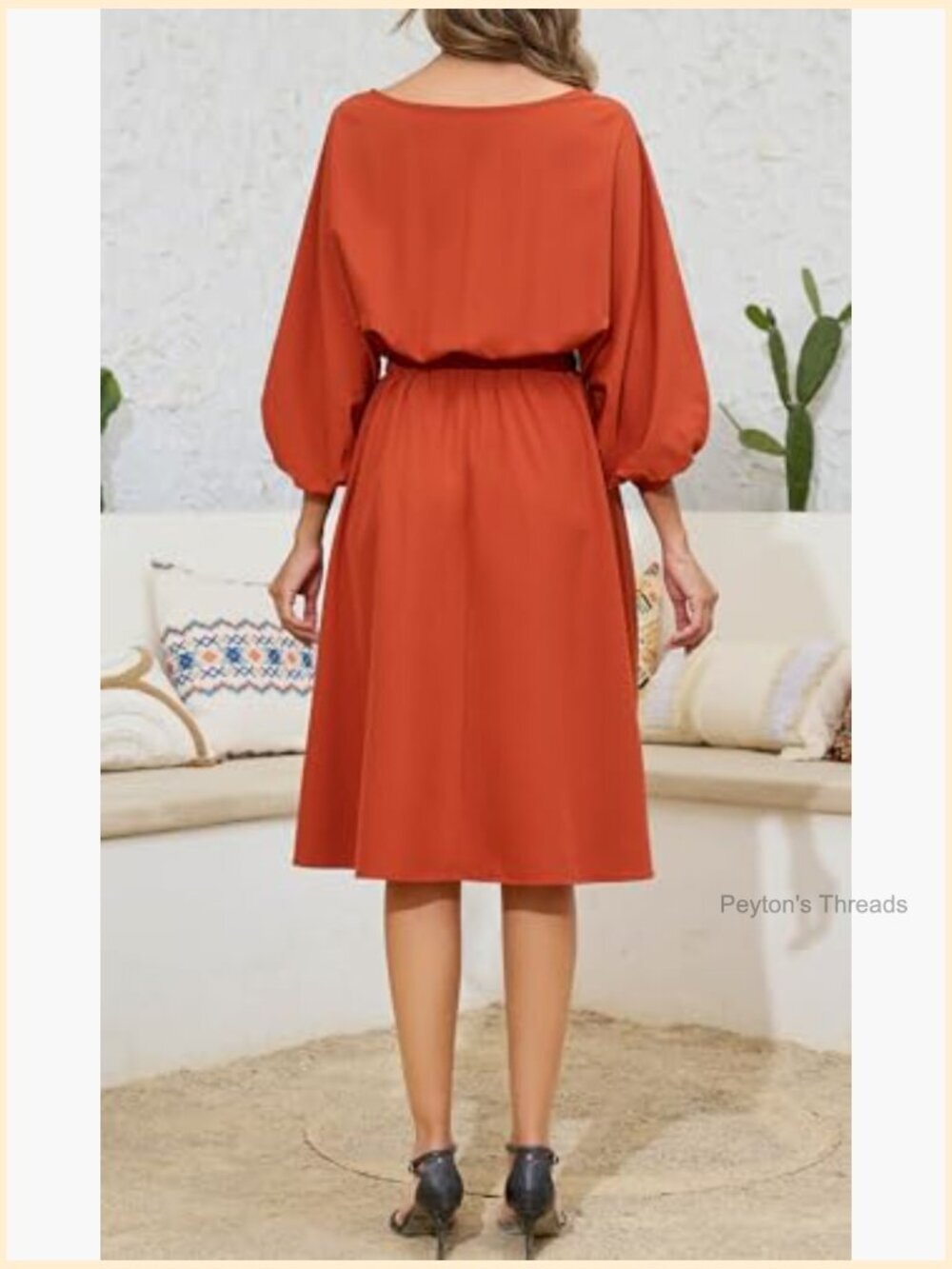 Crew Neck 3/4 Lantern Sleeve Casual Loose Summer Midi Dress - Picture 5 of 5